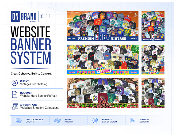 ON Brand Studio ecommerce website hero banner design for Vintage Club Clothing storefront campaigns